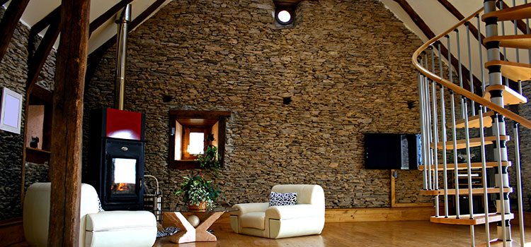 Grand salon avec mur en pierre naturelle