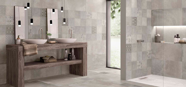 Salle de bain aux teintes naturelles avec carreaux de ciment