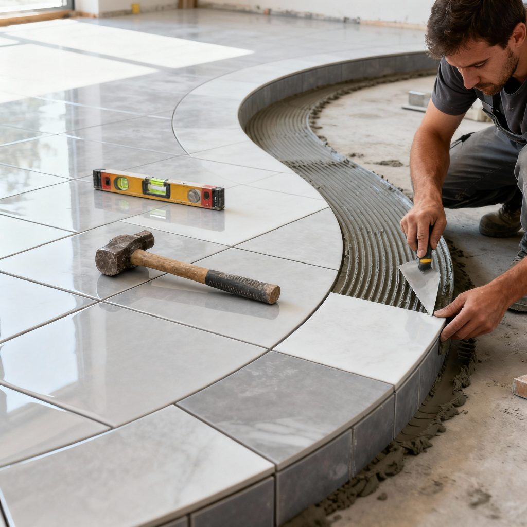 pose de carrelage sur surface arrondie