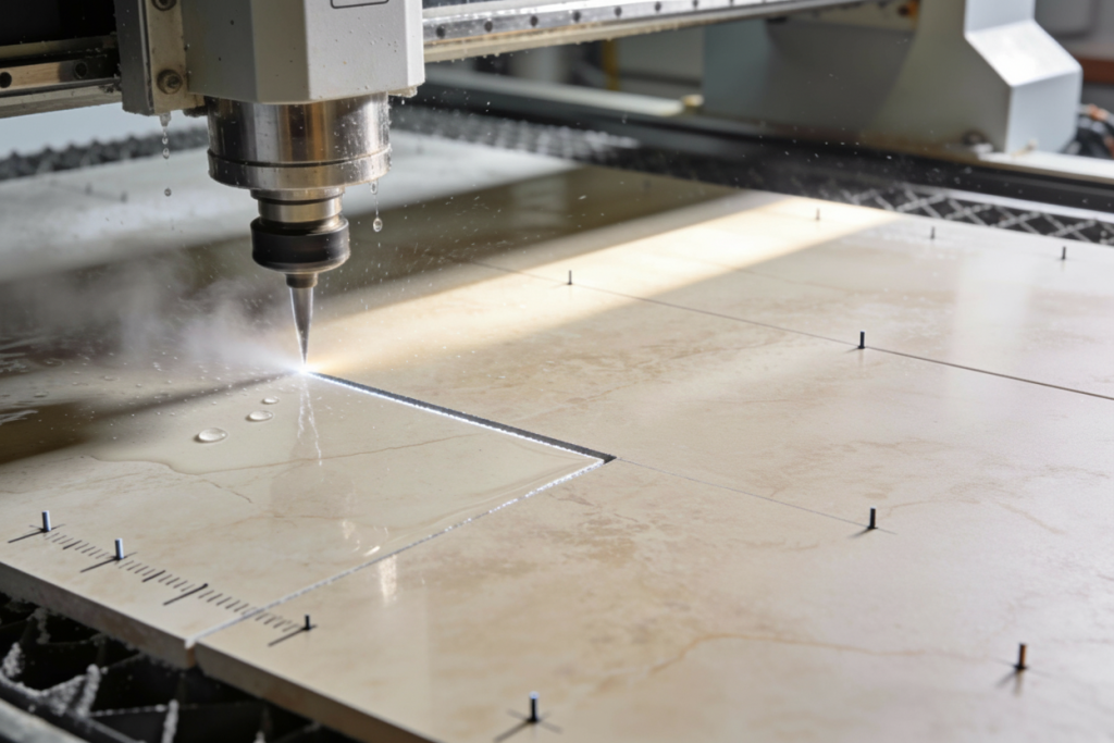 Machine de découpe au jet d’eau haute pression réalisant une découpe précise dans une dalle de pierre ou de marbre sur un poste industriel.