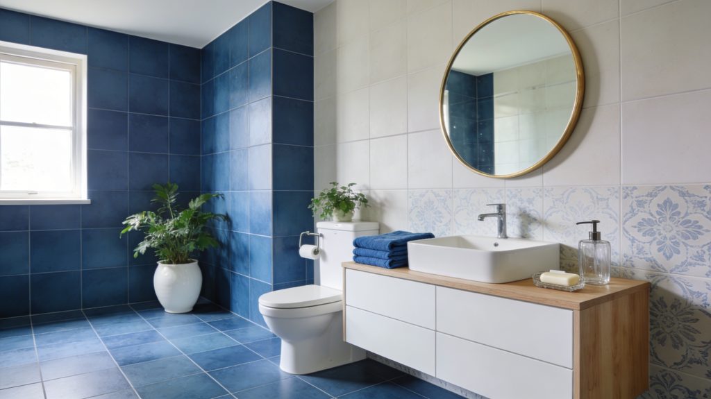 Salle de bain moderne avec carrelage bleu, meuble vasque blanc et accessoires en bois clair