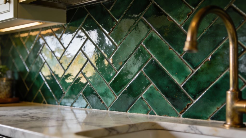 Gros plan sur crédence cuisine en zellige vert émeraude pose bâtons rompus avec joints fins et robinet laiton