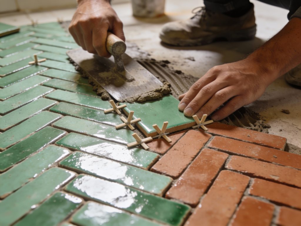 Technique de pose carrelage chevrons : application de la colle et ajustement des carreaux rectangulaires avec croisillons