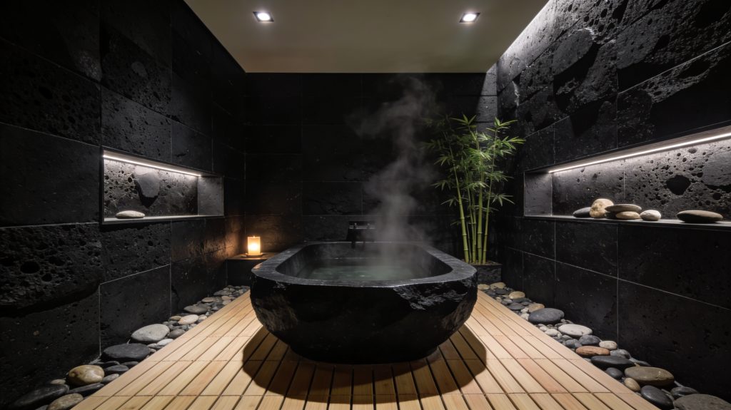 Salle de bain luxueuse de style onsen avec baignoire en pierre noire sculptée, murs en pierre volcanique et sol en caillebotis de bois.