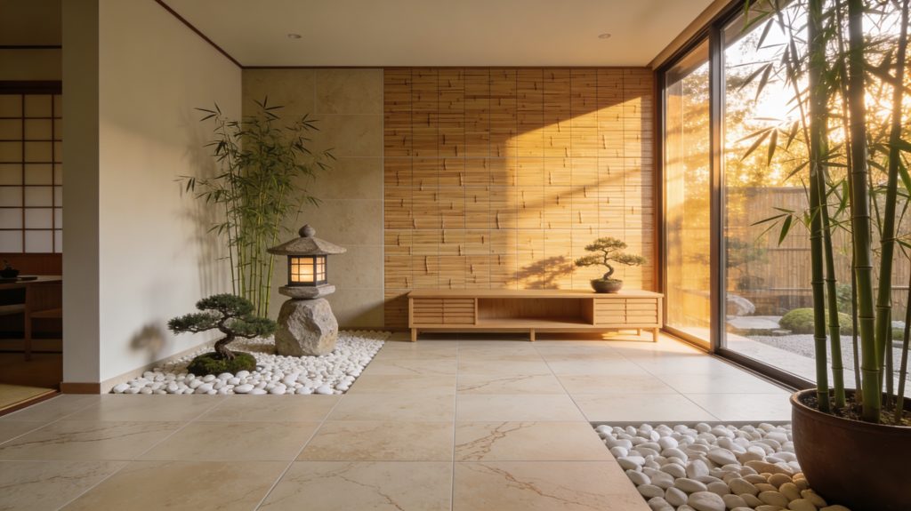 Salon d'inspiration japonaise avec carrelage beige en pierre, mur en lattes de bambou, bonsaï et lanterne traditionnelle sur lit de galets blancs.