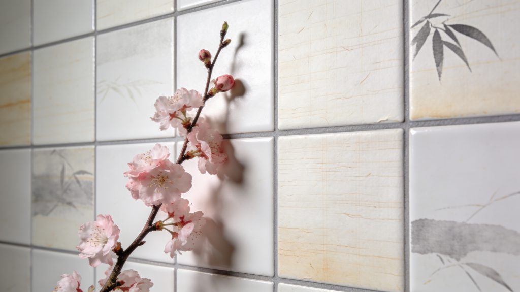 Gros plan sur une branche de fleurs de cerisier rose (sakura) devant un mur de carrelage en mosaïque d'inspiration japonaise avec motifs de bambou et effet papier.