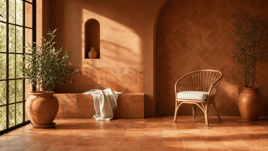 Salle de bain style méditerranéen avec carrelage terracotta, banc maçonné, fauteuil en rotin et plantes, ambiance chaleureuse et naturelle
