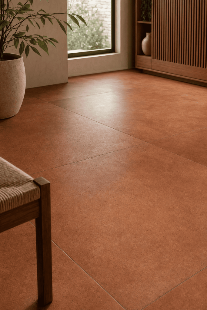 Carrelage sol grand format terracotta dans un salon moderne avec chaise en bois et plante verte