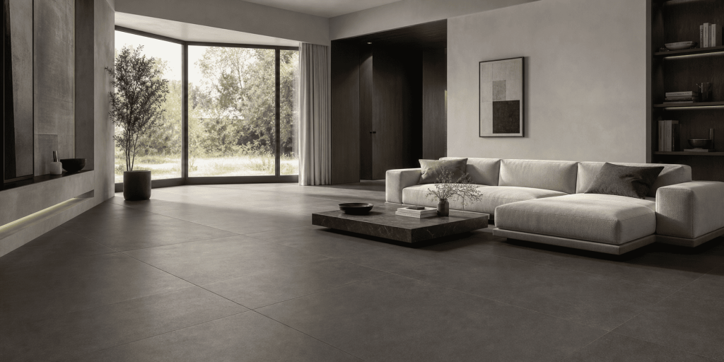Carrelage gris anthracite posé dans un salon