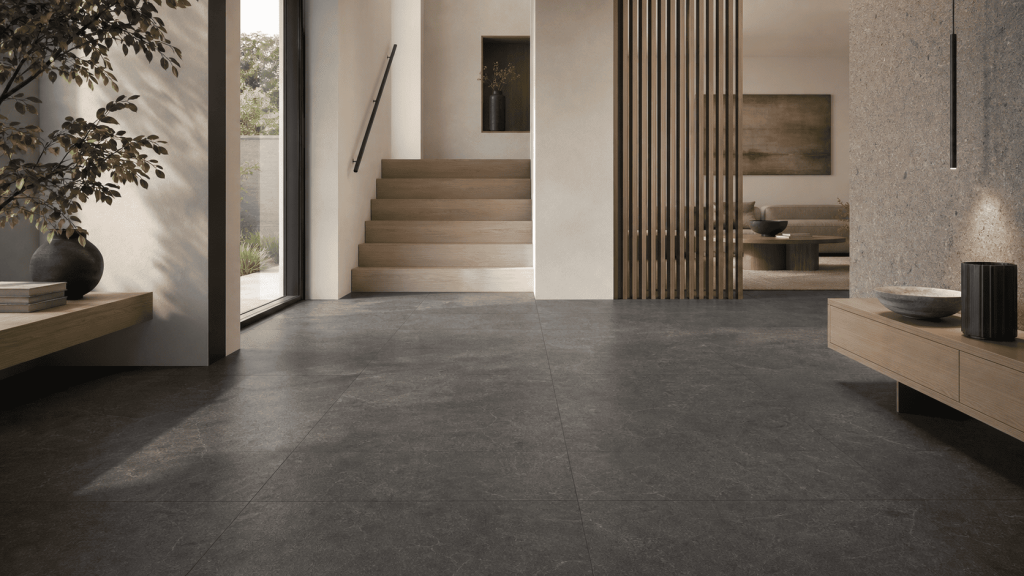 salon avec carrelage gris anthracite posé au sol