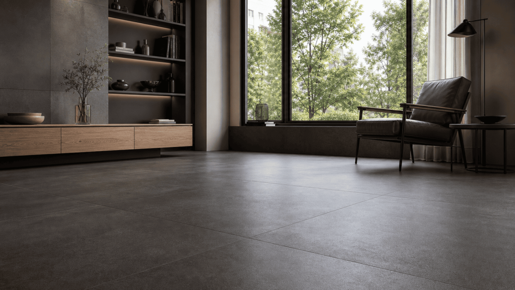 salon avec carrelage gris anthracite posé au sol