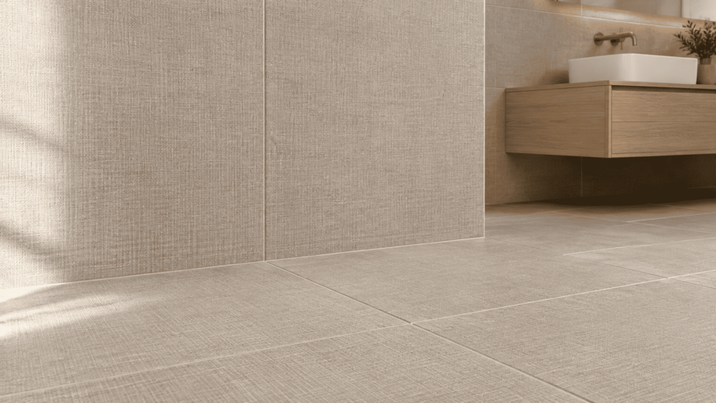 Carrelage beige effet textile au sol et au mur d’une salle de bains avec meuble suspendu en bois et vasque blanche