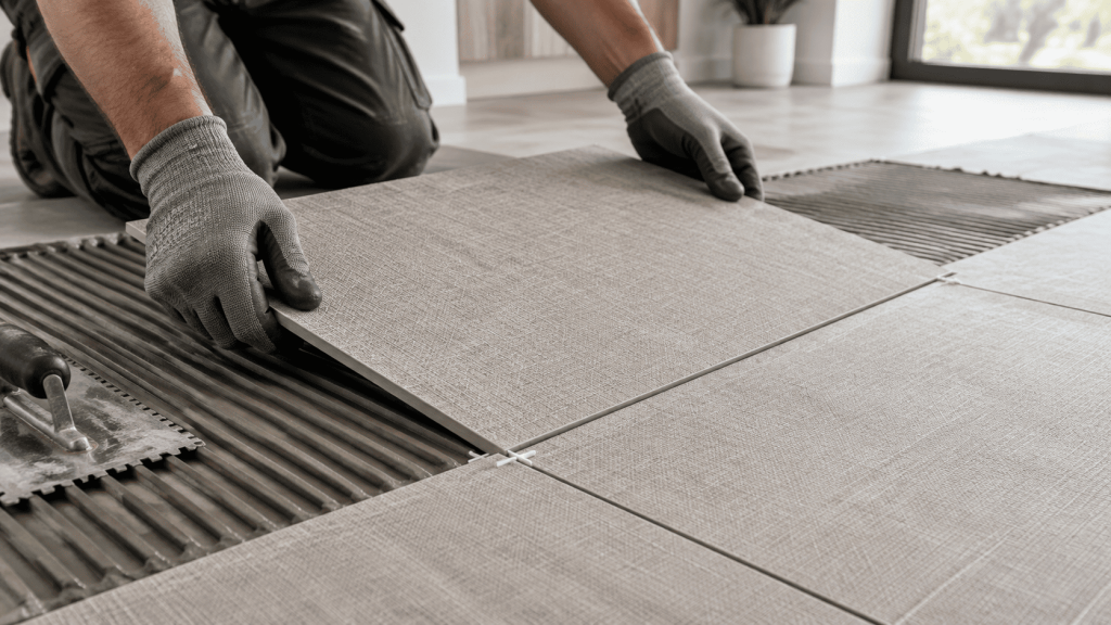 Pose au sol d’un carrelage beige effet textile sur mortier-colle avec croisillons pour espacer les joints
