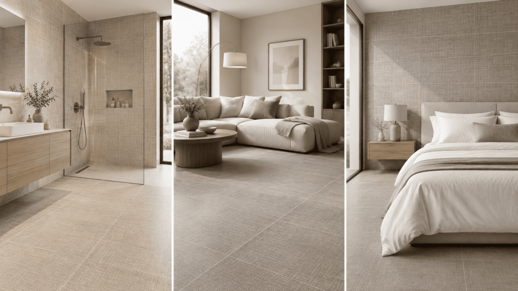 Carrelage beige effet textile dans trois pièces de la maison : salle de bains avec douche à l’italienne, salon et chambre