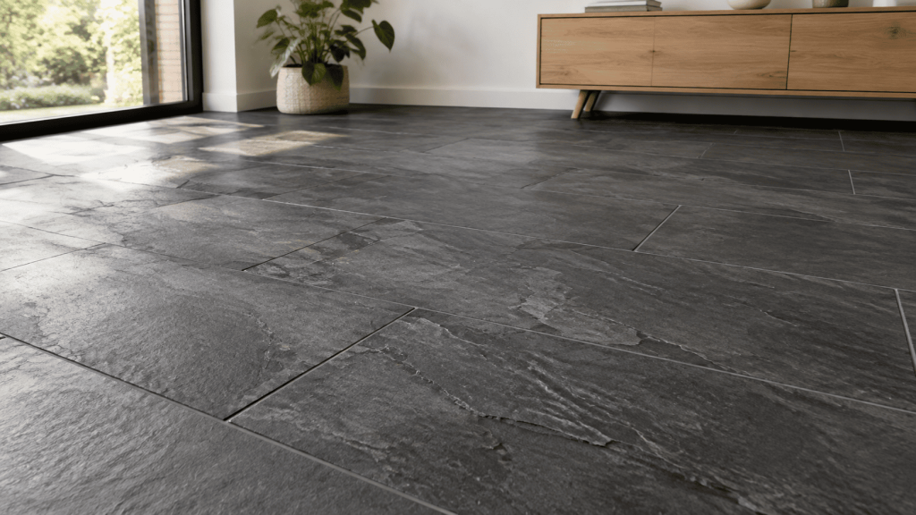 Gros plan sur un carrelage de sol gris anthracite effet ardoise aux reliefs naturels dans un salon lumineux
