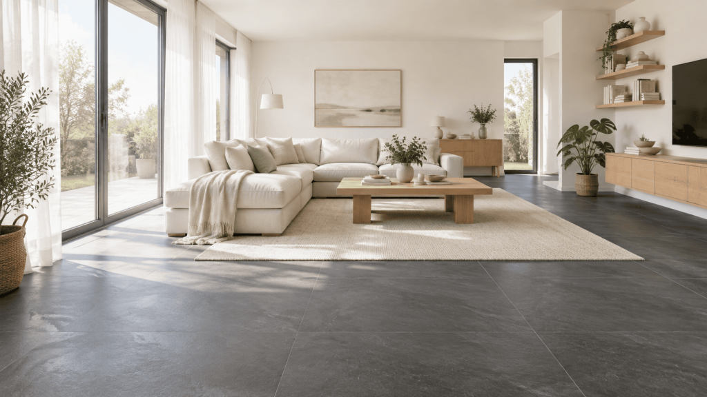 Carrelage gris anthracite effet ardoise dans un salon lumineux avec canapé d’angle blanc, tapis beige et mobilier en bois