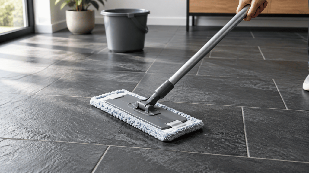 Nettoyage d’un carrelage de sol gris anthracite effet ardoise avec un balai à plat en microfibre