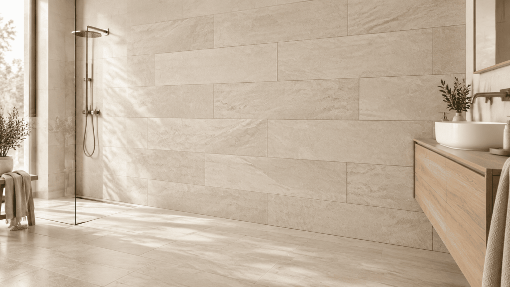 Carrelage beige effet pierre au mur et au sol d’une salle de bains avec douche à l’italienne et meuble suspendu en bois