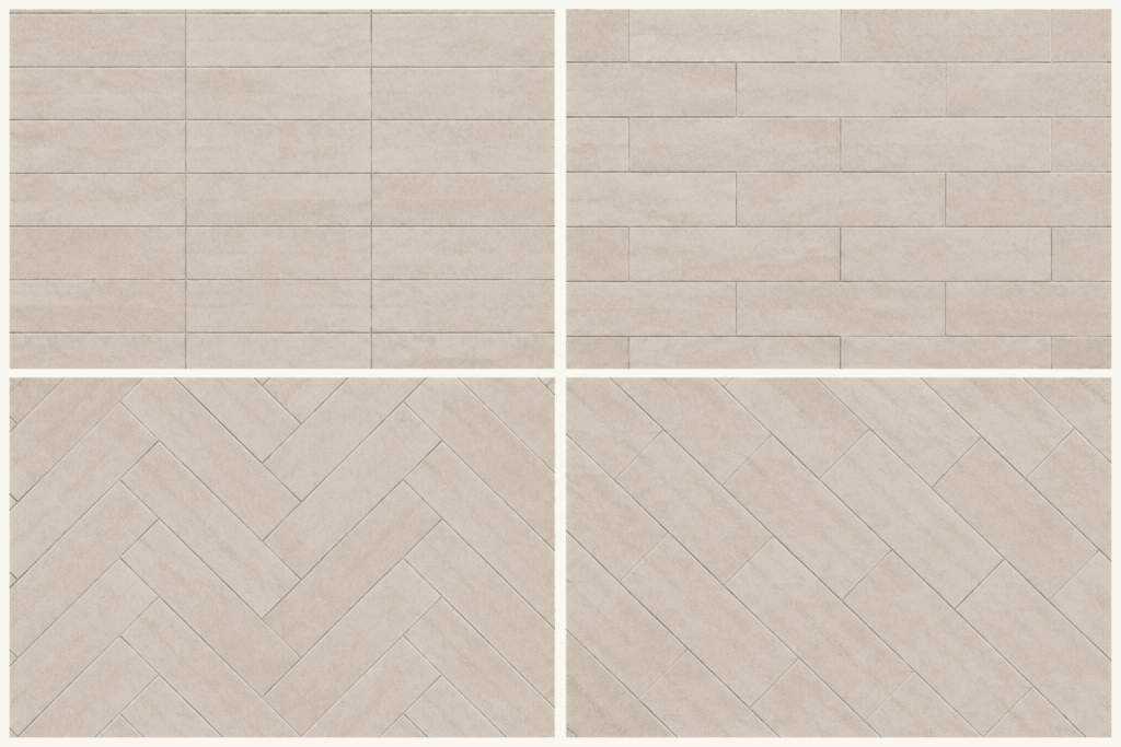 Quatre motifs de pose pour un carrelage rectangulaire beige effet pierre : droite, décalée, en bâtons rompus et en diagonale