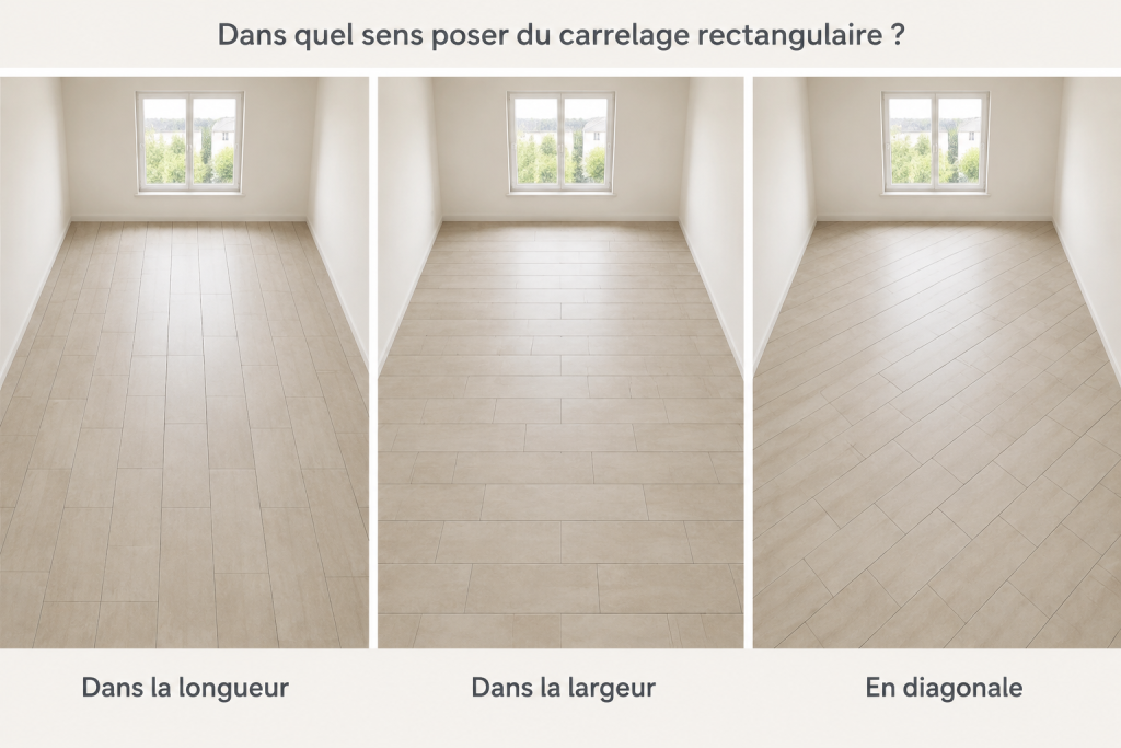Comparaison des trois sens de pose du carrelage rectangulaire dans une pièce : dans la longueur, dans la largeur et en diagonale